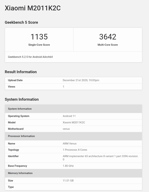 Điểm Geekbench của Xiaomi Mi 11