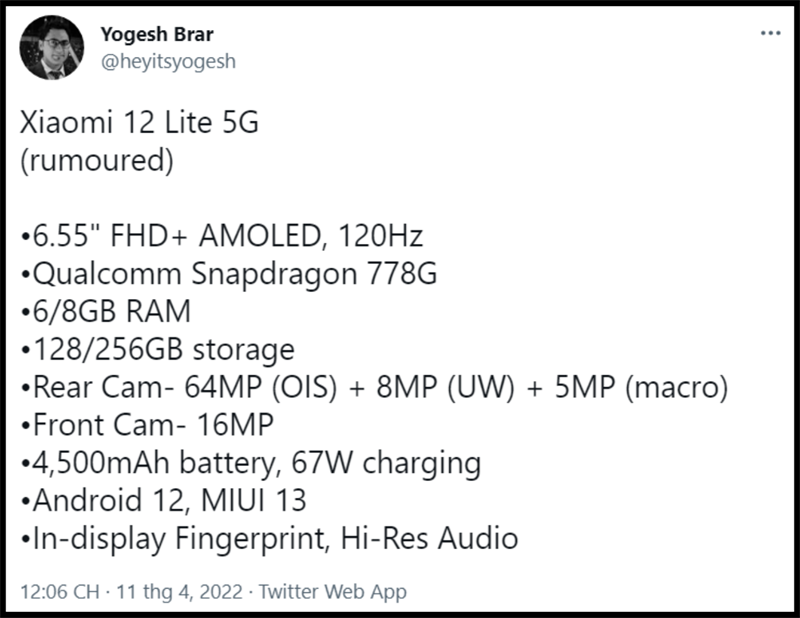 thông số Xiaomi 12 Lite 5G