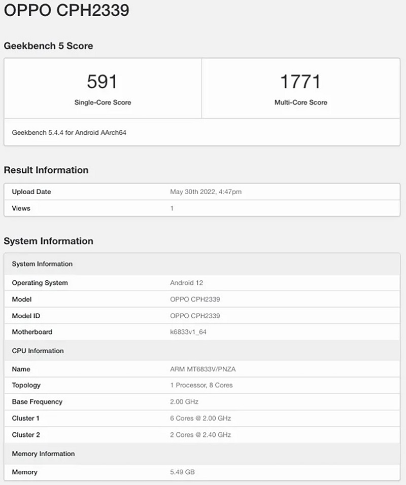 Geekbench của OPPO A77 5G