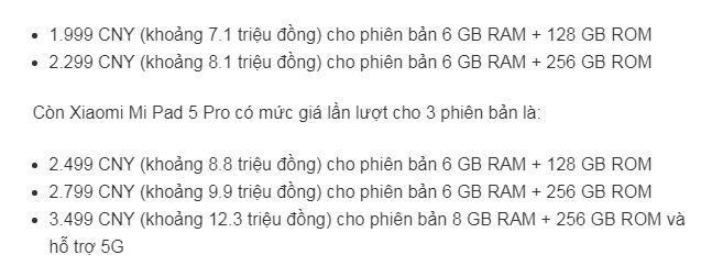 giá Xiaomi Mi Pad 5, Mi Pad 5 Pro