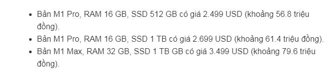 giá Macbook Pro 16 inch (2021)