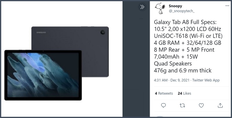 cấu hình Galaxy Tab A8 (2021)