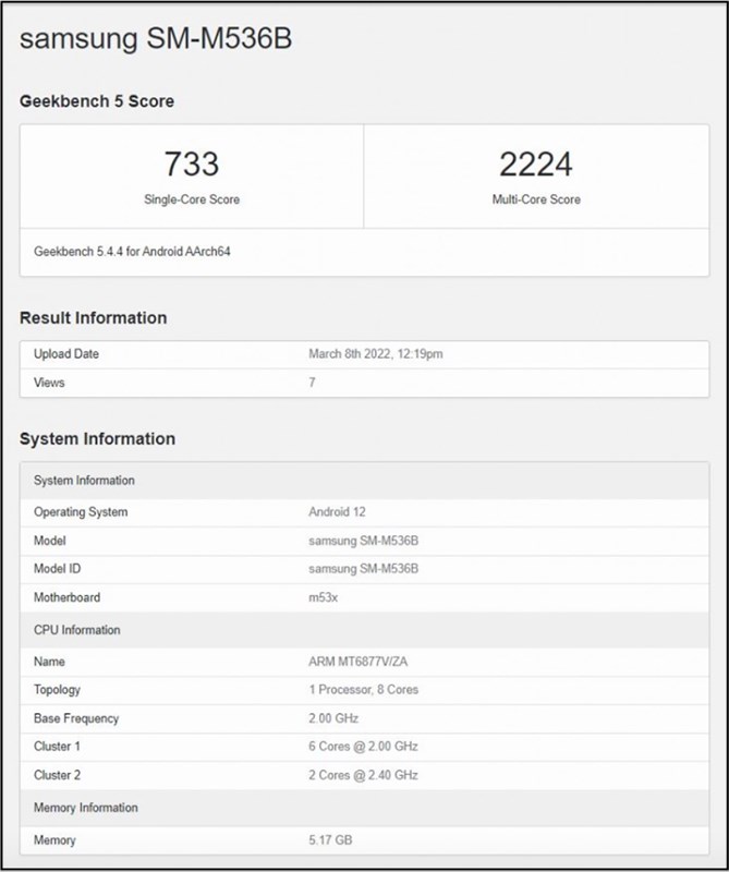 Samsung Galaxy M53 5G Geekbench 