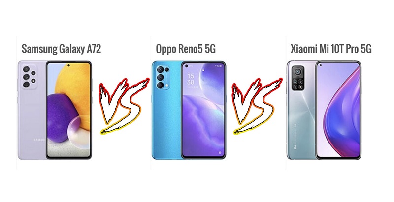 So sánh Galaxy A72 vs OPPO Reno5 5G vs Mi 10T Pro 5G