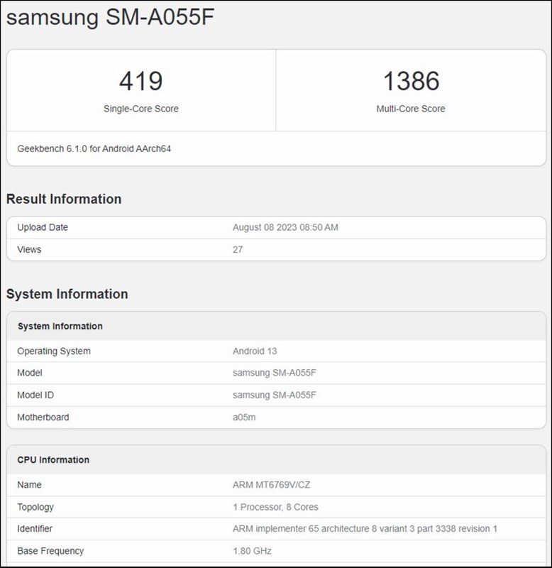 thông tin Samsung Galaxy A05