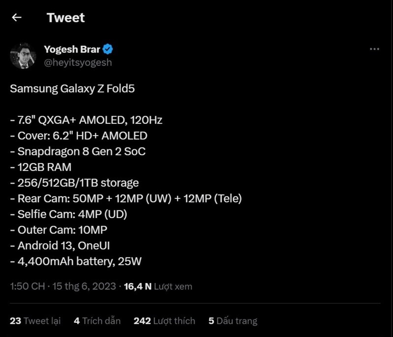 thông số cấu hình Samsung Galaxy Z Fold5 5G
