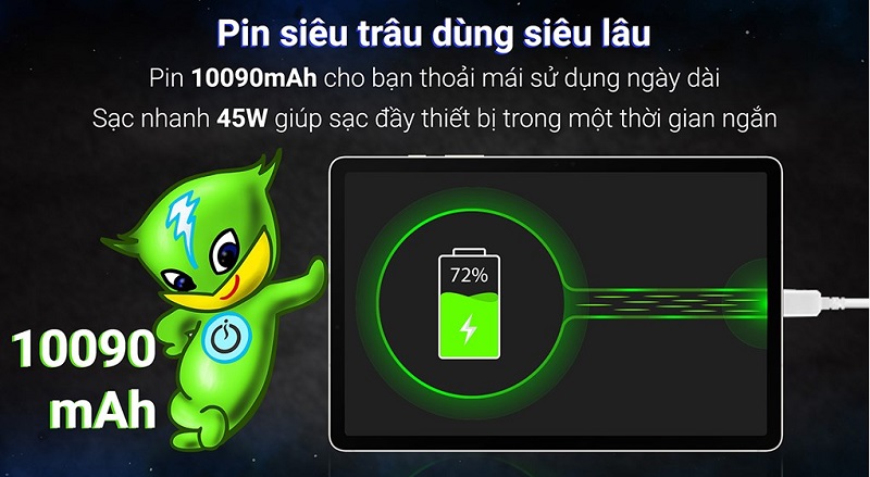 máy được tích hợp viên pin 10090 mAh cho Galaxy Tab S9 Plus 5G dùng cả ngày dài