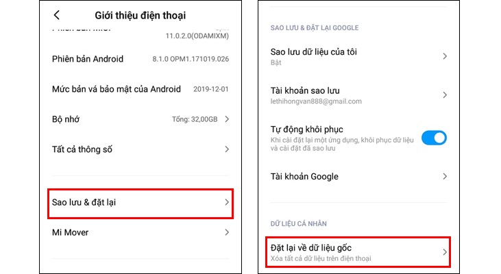 Chọn Sao lưu & đặt lại > Nhấn vào Đặt lại về dữ liệu gốc