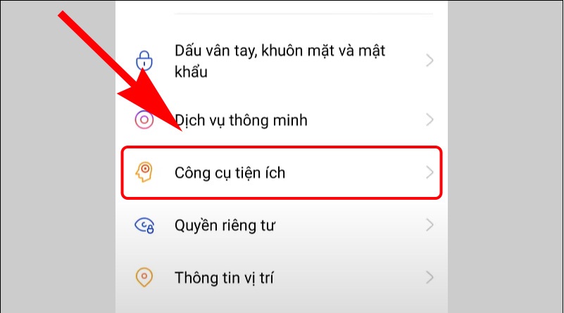 Cài đặt > Nhấn chọn Công cụ tiện ích.