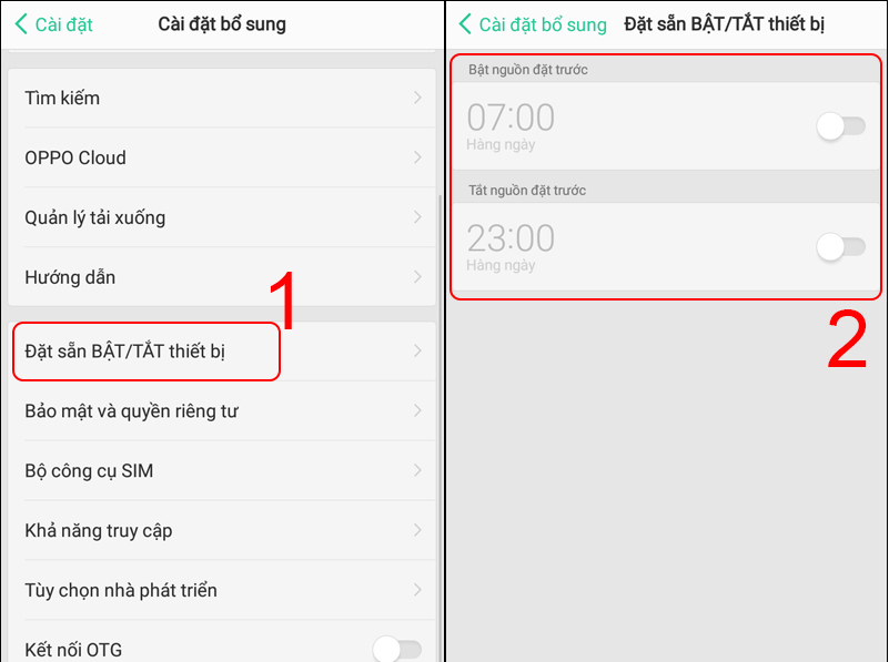 Chọn Đặt sẵn BẬT/TẮT thiết bị và chọn bật