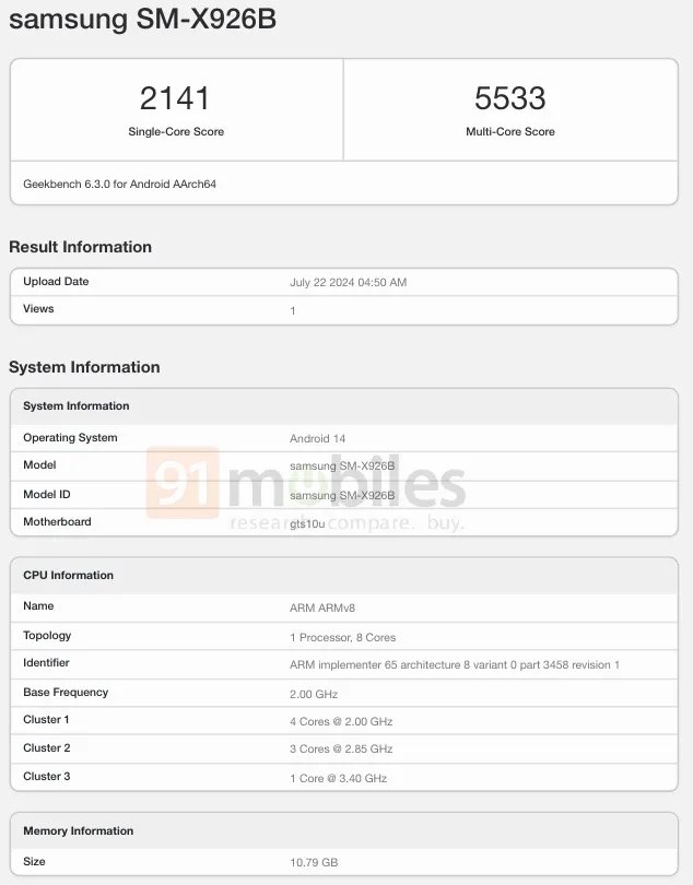 Galaxy Tab S10 Ultra xuất hiện trên Geekbench với chip Dimensity 9300+