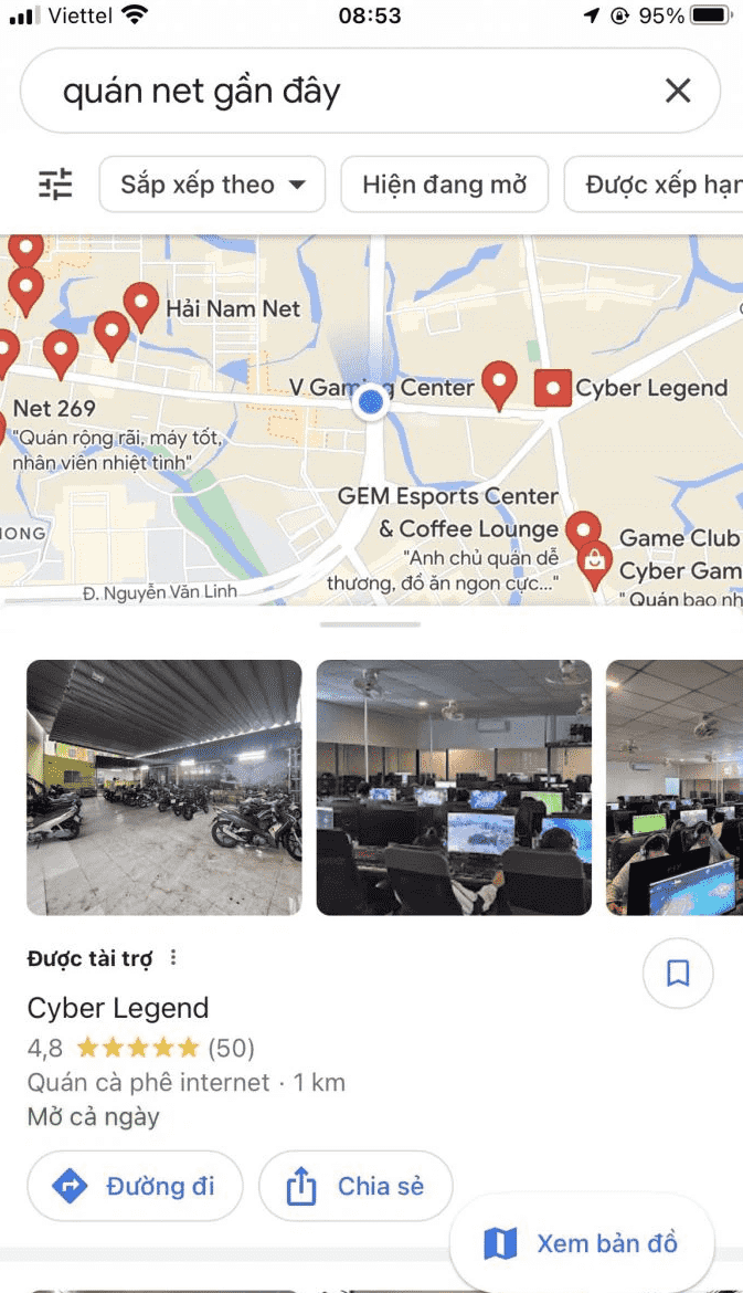 Cách tìm quán net trên Google Maps bằng điện thoại