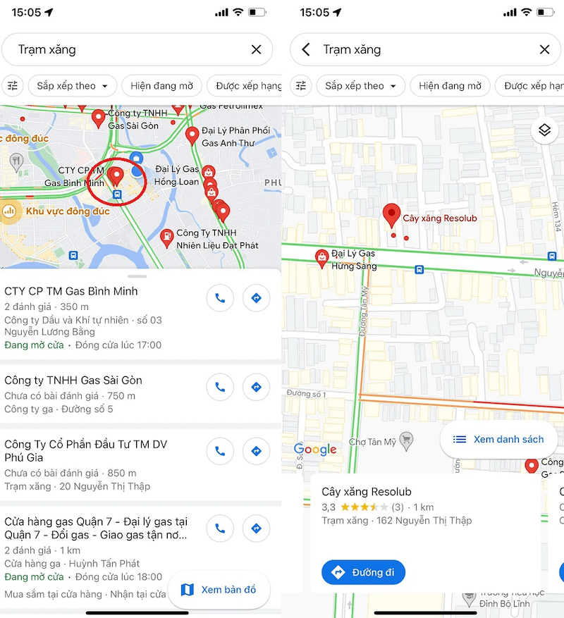 Tìm cây xăng gần nhất bằng Google Maps