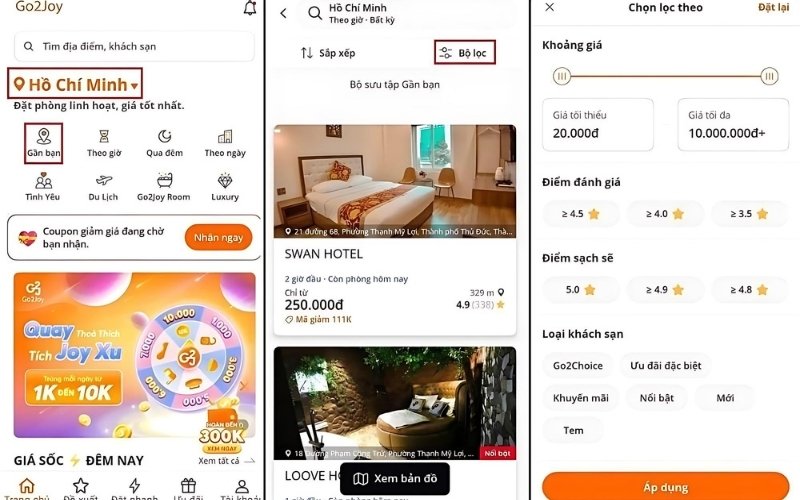 Cách tìm nhà nghỉ gần đây bằng Go2Joy