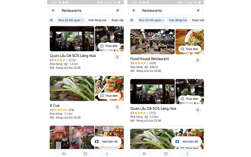 Cách tìm nhà hàng gần đây qua Google Maps