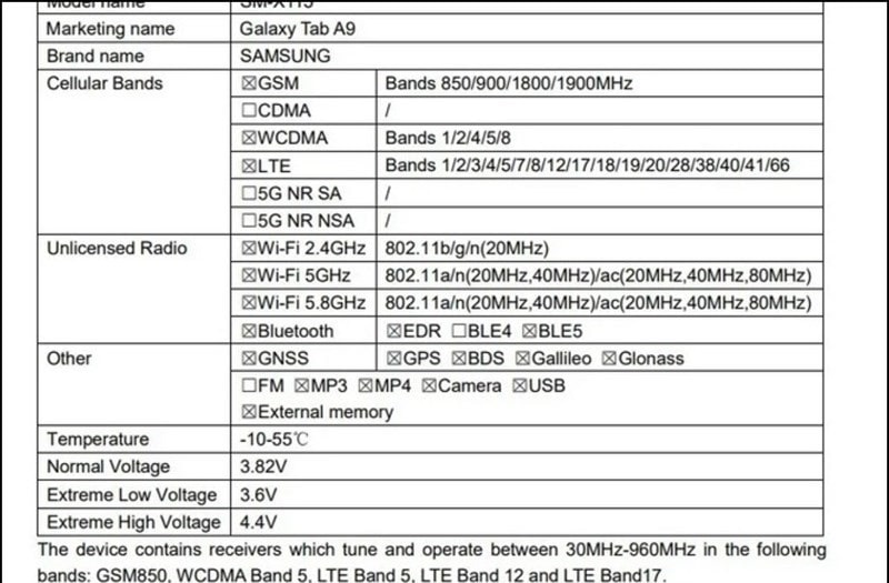 fcc Galaxy Tab A9