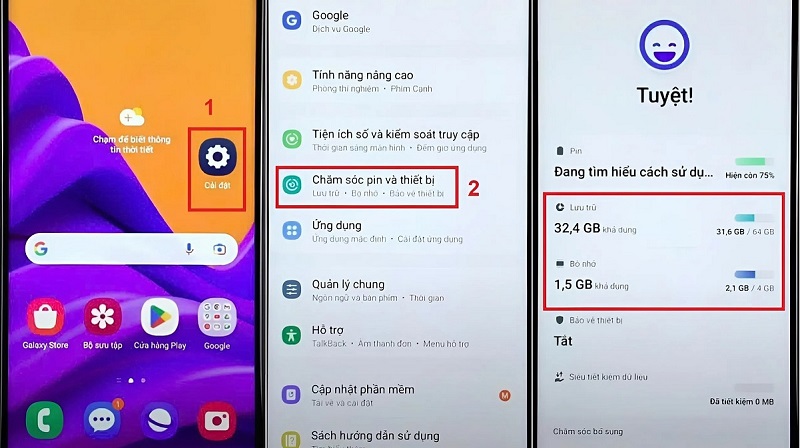 Xem dung lượng Samsung bằng Cài đặt