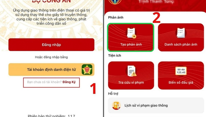 Mở ứng dụng VNeTraffic Truy cập vào mục Tạo phản ánh