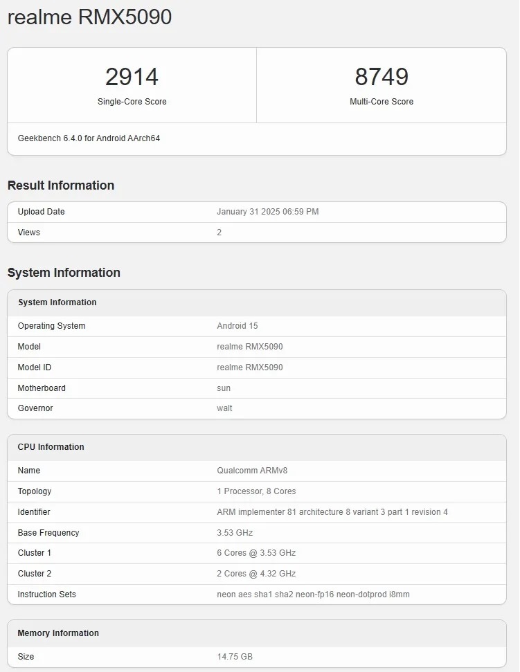 realme GT 7 xuất hiện trên danh sách Geekbench