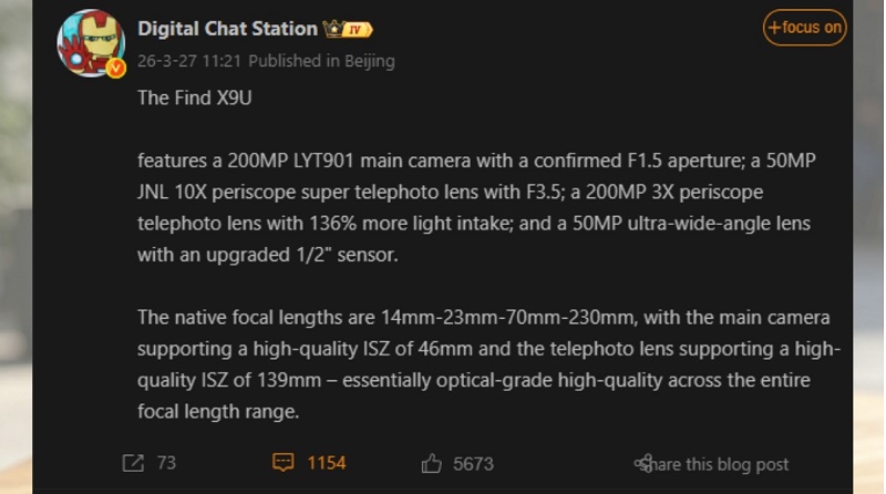 OPPO Find X9 Ultra dùng cảm biến Sony LYT-901 200MP