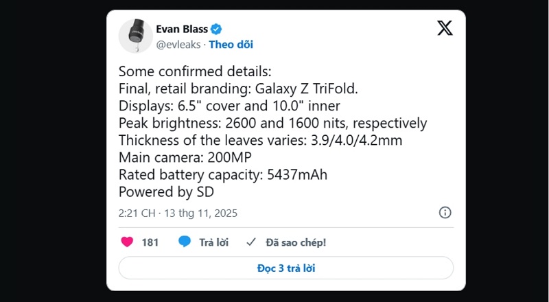 Thông số kỹ thuật của Samsung Galaxy Z TriFold