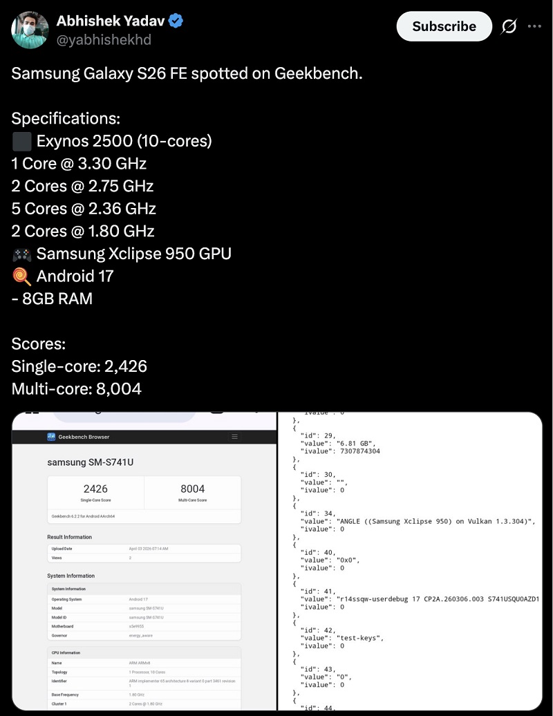 Galaxy S26 FE chạy chipset Exynos 2500