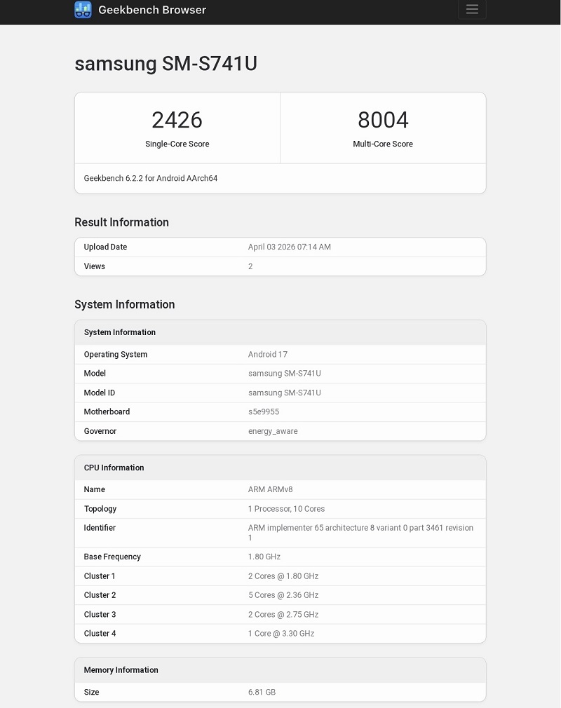 Galaxy S26 FE xuất hiện trên Geekbench