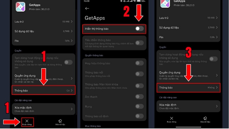 Bấm vào Buộc dừng, sau đó bấm tiếp vào Thông báo