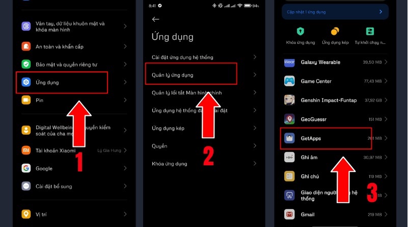 chọn Ứng dụng, chọn Quản lý ứng dụng, tìm GetApps
