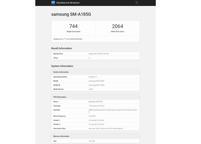 Samsung Galaxy A18 LTE đạt 744 điểm đơn nhân trên Geekbench 