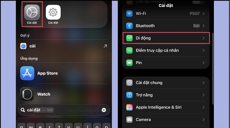 Vào cài đặt trên iPhone, sau đó nhấn vào Di động
