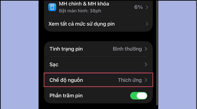 Tìm mục Chế độ nguồn điện thấp