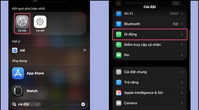 Cài đặt → Di động (hoặc Mạng di động,