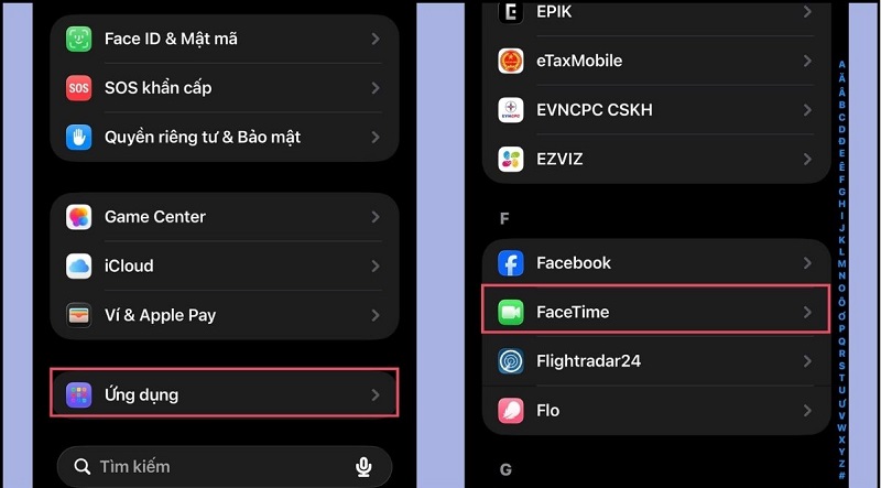 Chọn Cài đặt → Ứng dụng → FaceTime