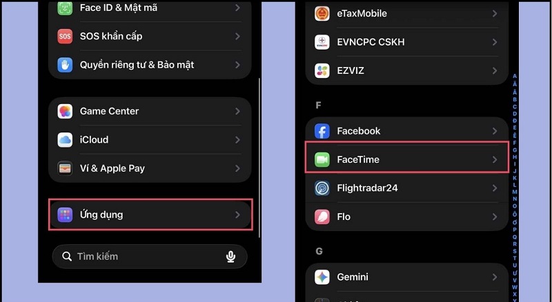 Nhấn vào Ứng dụng, tìm và mở mục FaceTime.