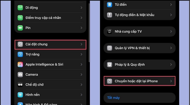 chọn Chuyển hoặc đặt lại iPhone