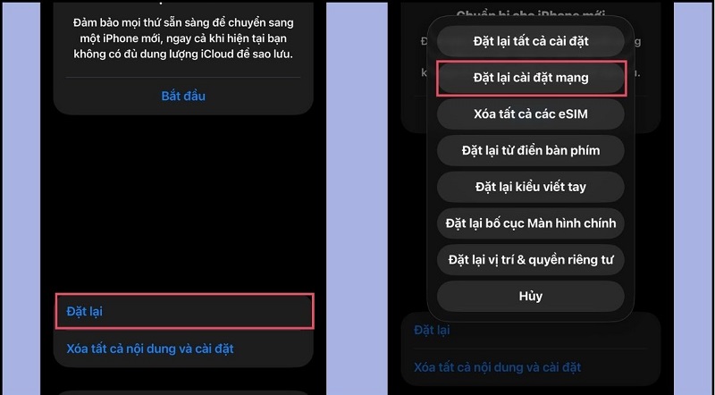 Nhấn Đặt lại, sau đó chọn Đặt lại cài đặt mạng.