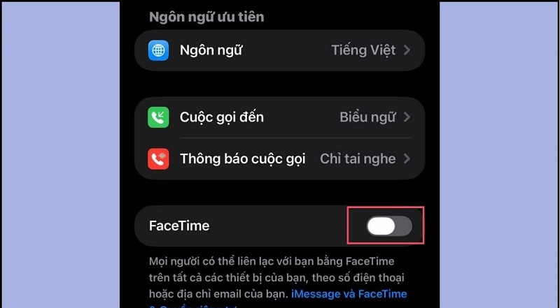 Tắt công tắc FaceTime