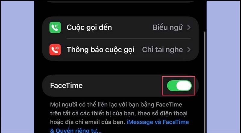 Quay lại phần cài đặt FaceTime, bật lại tính năng