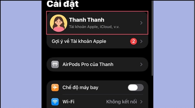Nhấn vào tên tài khoản ở đầu màn hình