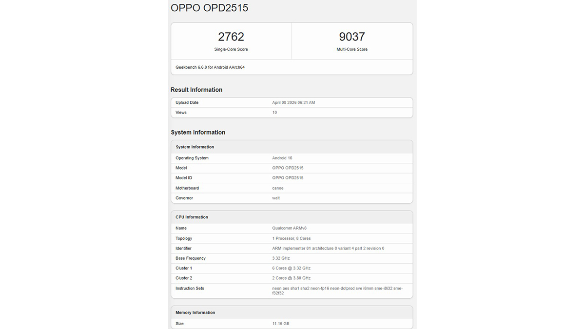 OPPO Pad Mini được thử nghiệm trên Geekbench