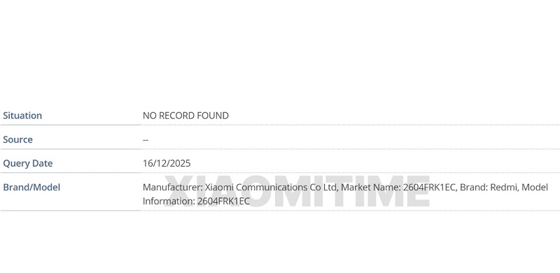 Redmi K90 Ultra xuất hiện trên cơ sở dữ liệu GSMA với tên mã 2604FRK1EC