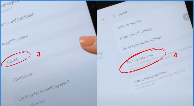 Chọn Đặt lại → tiếp tục chọn Khôi phục cài đặt gốc