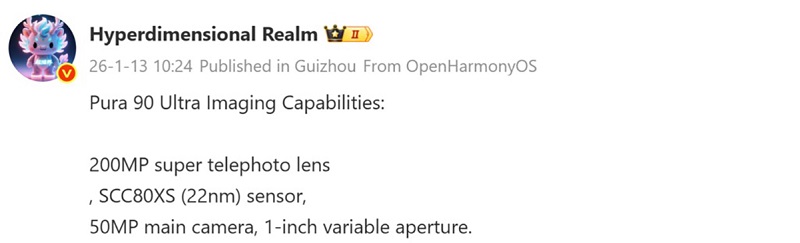 Huawei Pura 90 Ultra lộ camera 1 inch, tele 200MP