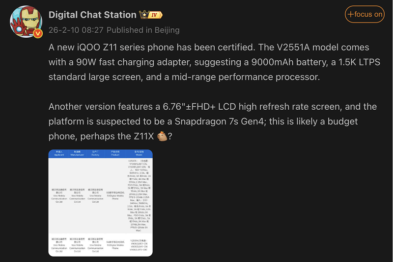iQOO Z11, iQOO Z11x có pin 9000mAh