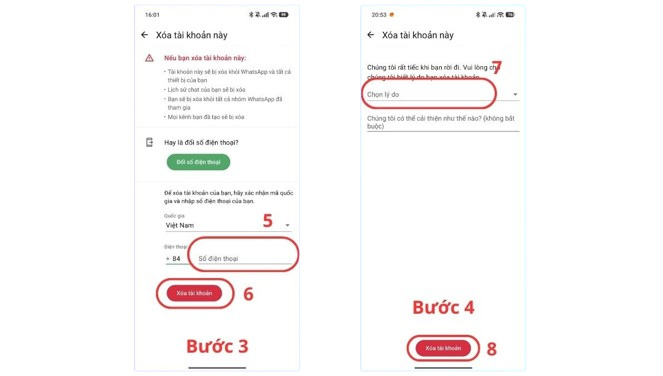 nhấn nút xóa tài khoản WhatsApp trên Android