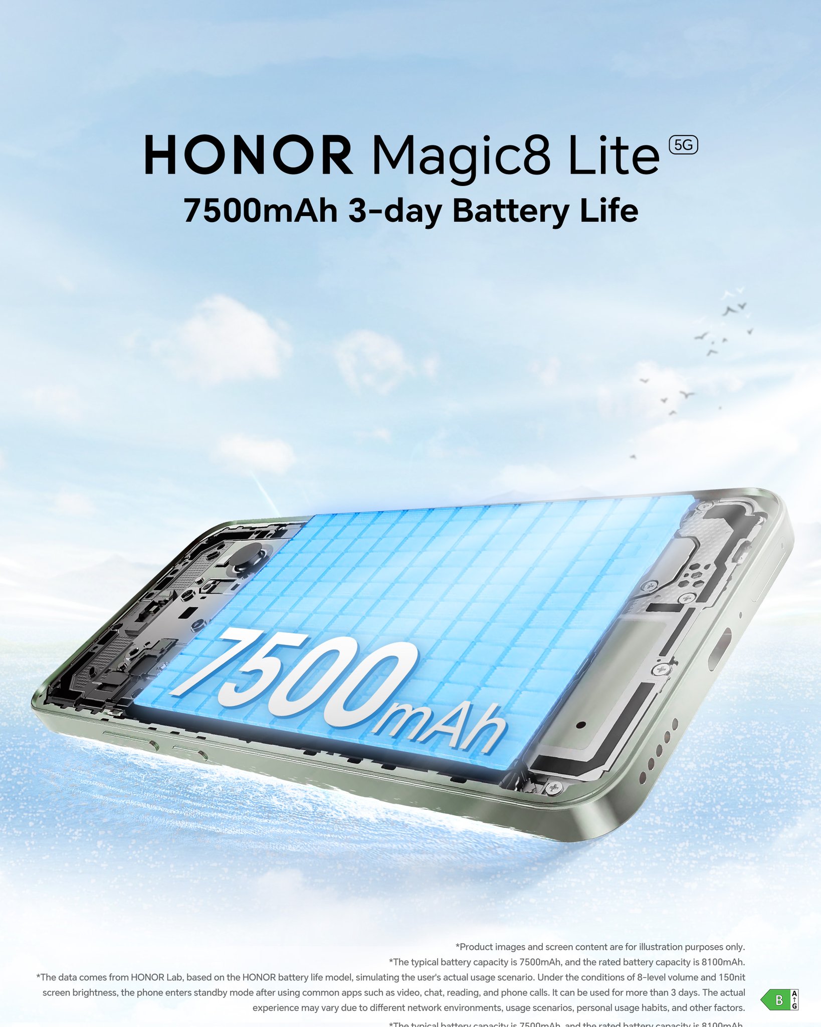 Pin HONOR Magic 8 Lite có dung lượng 7500mAh