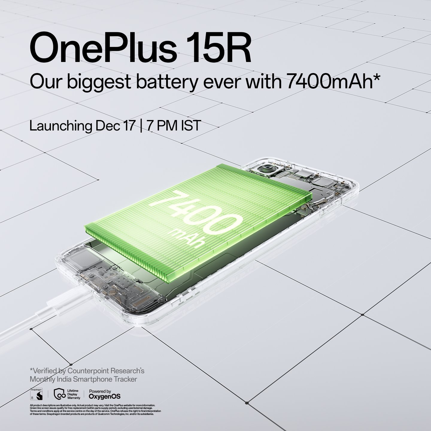 OnePlus 15R có viên pin dung lượng là 7400mAh