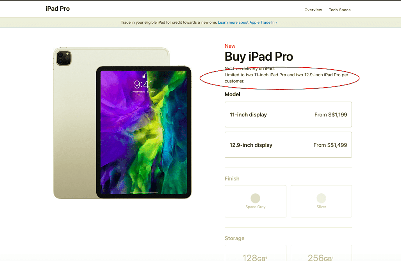 Mỗi khách hàng chỉ mua được hai sản phẩm iPad Pro