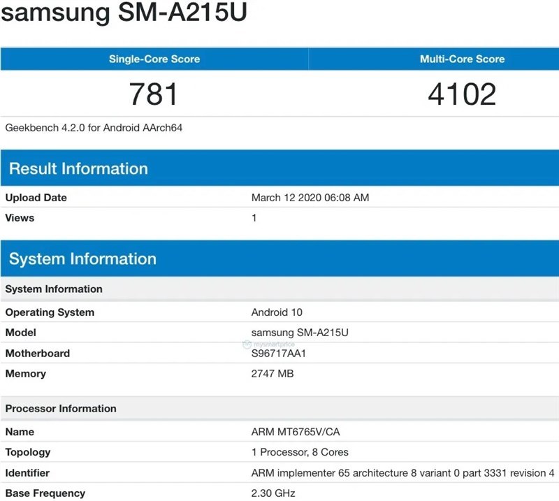 Samsung Galaxy A21 xuất hiện trên Geekbench